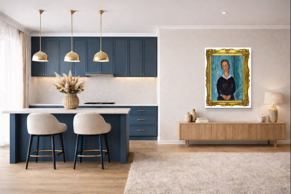 Portrait of A Servant Girl after Modigliani by David Henty, original painting, in room