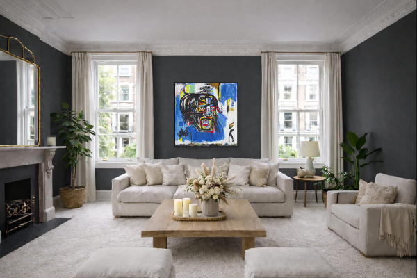 Untitled Skull after Basquiat by David Henty, original painting, in room