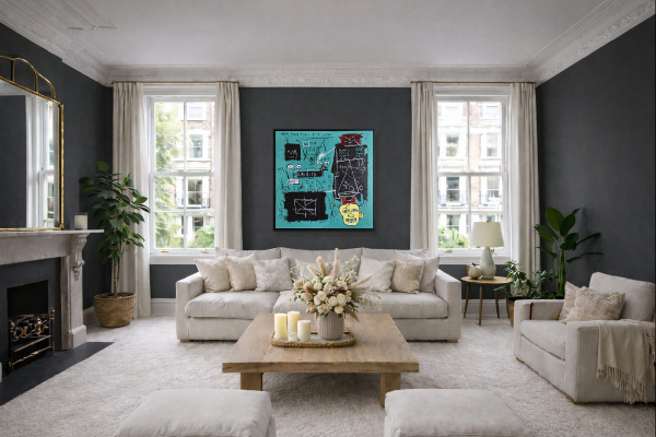 Equals Pi after Basquiat by David Henty, original painting, in room