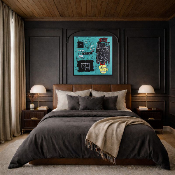 Equals Pi after Basquiat by David Henty, original painting, in room