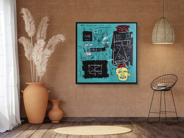 Equals Pi after Basquiat by David Henty, original painting, in room