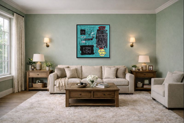 Equals Pi after Basquiat by David Henty, original painting, in room