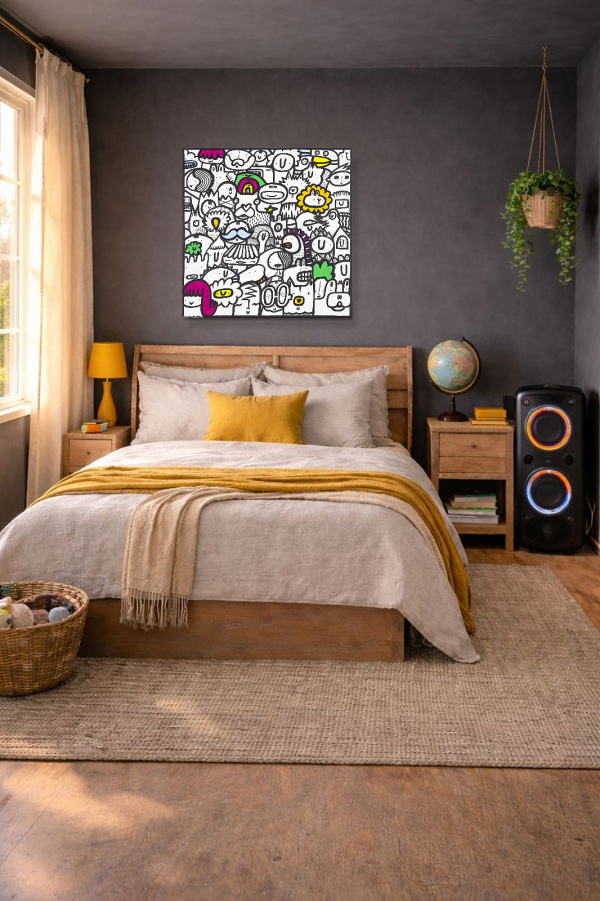Rainbow Rabble by Kev Munday, original painting, in room