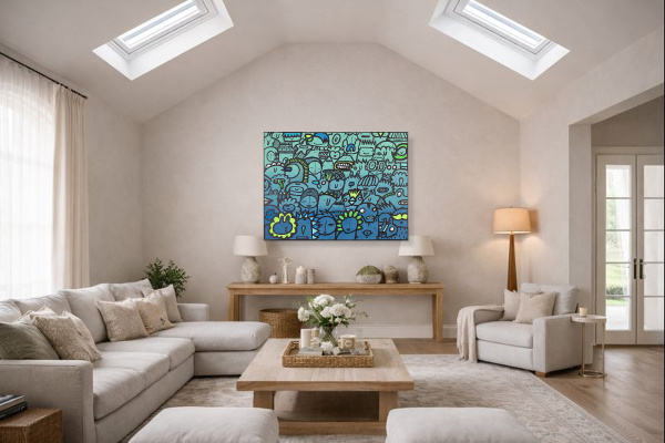 Graduated Greatness by Kev Munday, original painting, in room