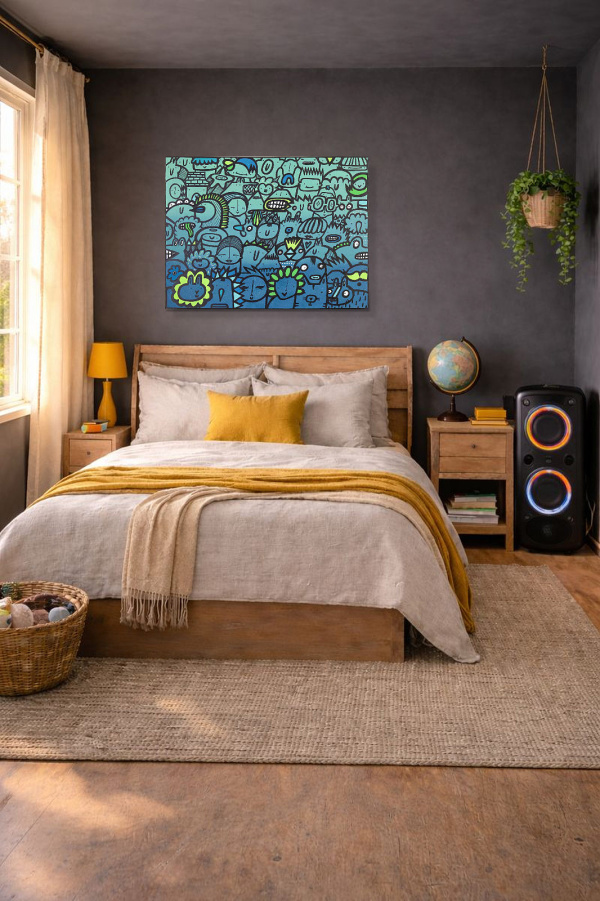 Graduated Greatness by Kev Munday, original painting, in room