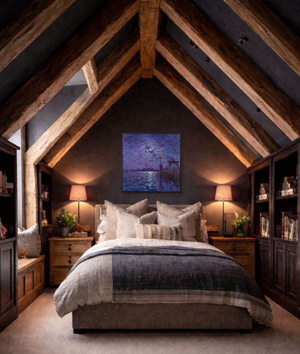 Moonlight Sparkle Across The Lagoon, Venice by Andrew Grant Kurtis, original painting, in room