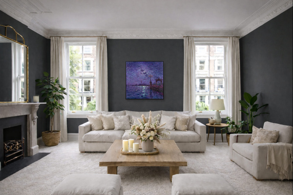 Moonlight Sparkle Across The Lagoon, Venice by Andrew Grant Kurtis, original painting, in room