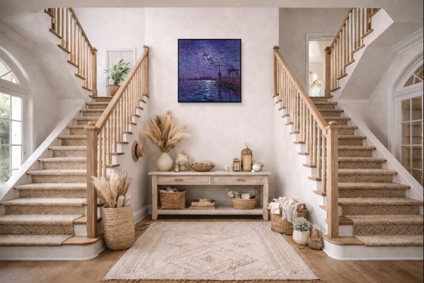 Moonlight Sparkle Across The Lagoon, Venice by Andrew Grant Kurtis, original painting, in room