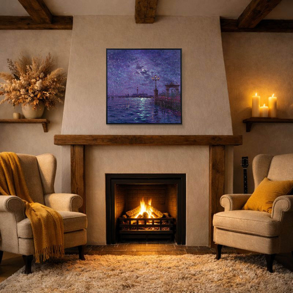 Moonlight Sparkle Across The Lagoon, Venice by Andrew Grant Kurtis, original painting, in room
