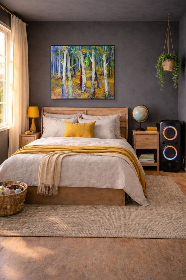 Forest Magic by Sara Malfer, original painting, in room