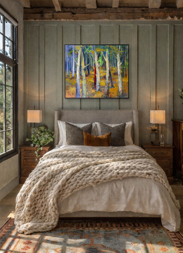 Forest Magic by Sara Malfer, original painting, in room
