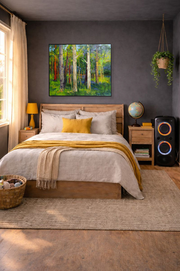 Forest Magic II by Sara Malfer, original painting, in room