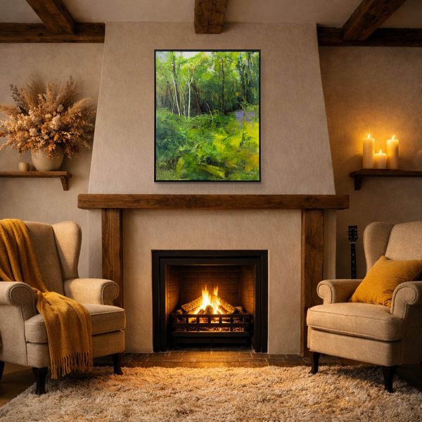 Forest Bathing by Sara Malfer, original painting, in room