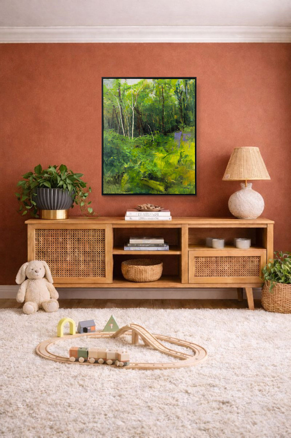 Forest Bathing by Sara Malfer, original painting, in room