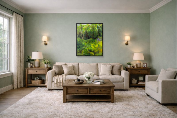 Forest Bathing by Sara Malfer, original painting, in room