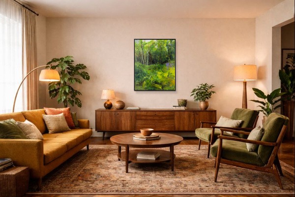 Forest Bathing by Sara Malfer, original painting, in room