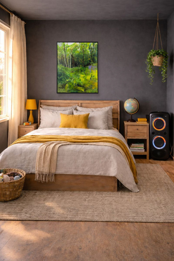 Forest Bathing by Sara Malfer, original painting, in room