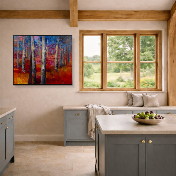 Mystic Forest by Sara Malfer, original painting, in room