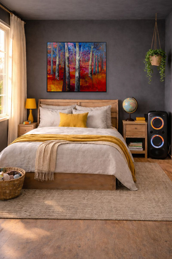 Mystic Forest by Sara Malfer, original painting, in room