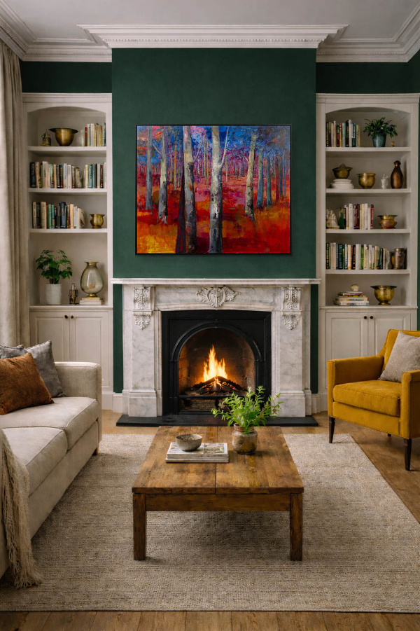 Mystic Forest by Sara Malfer, original painting, in room