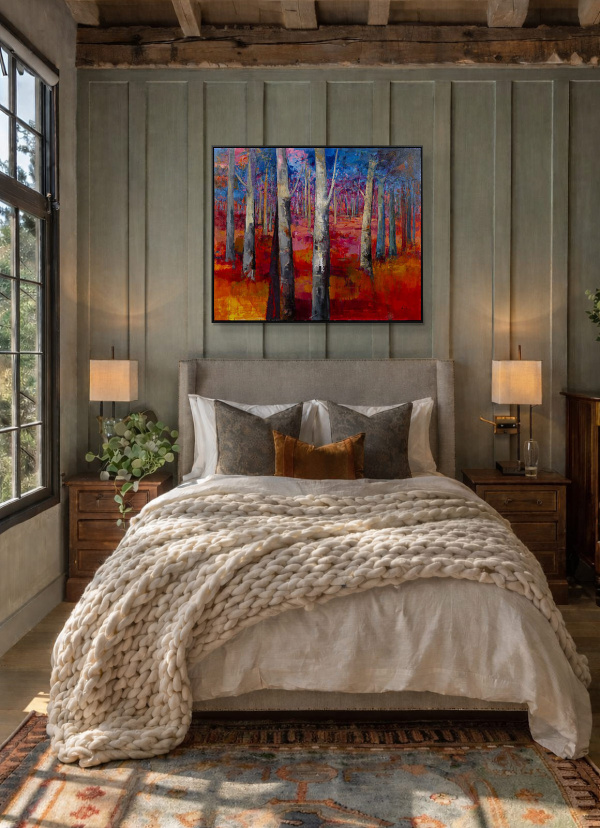 Mystic Forest by Sara Malfer, original painting, in room