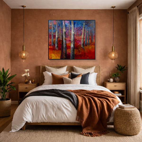 Mystic Forest by Sara Malfer, original painting, in room