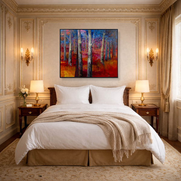 Mystic Forest by Sara Malfer, original painting, in room