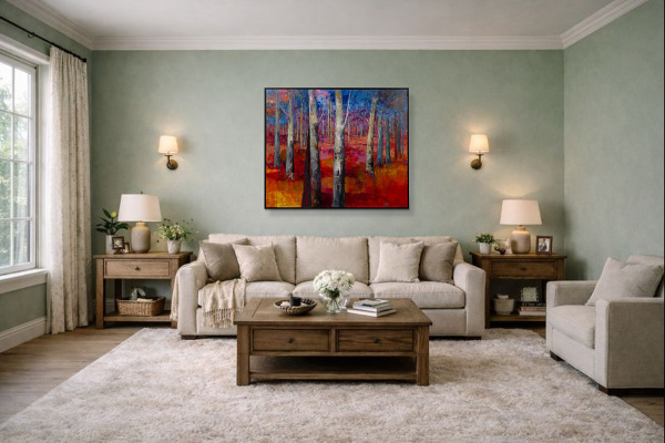 Mystic Forest by Sara Malfer, original painting, in room