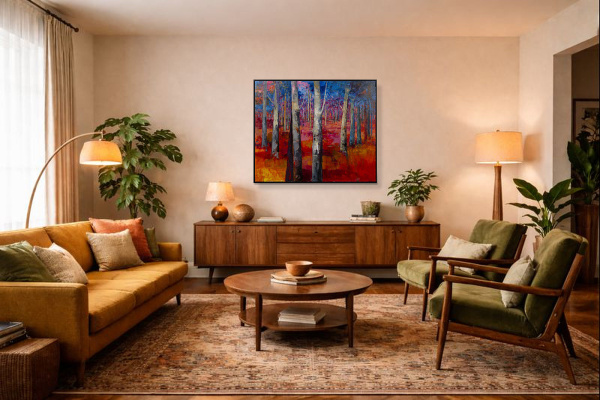 Mystic Forest by Sara Malfer, original painting, in room