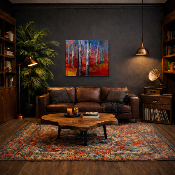 Mystic Forest by Sara Malfer, original painting, in room