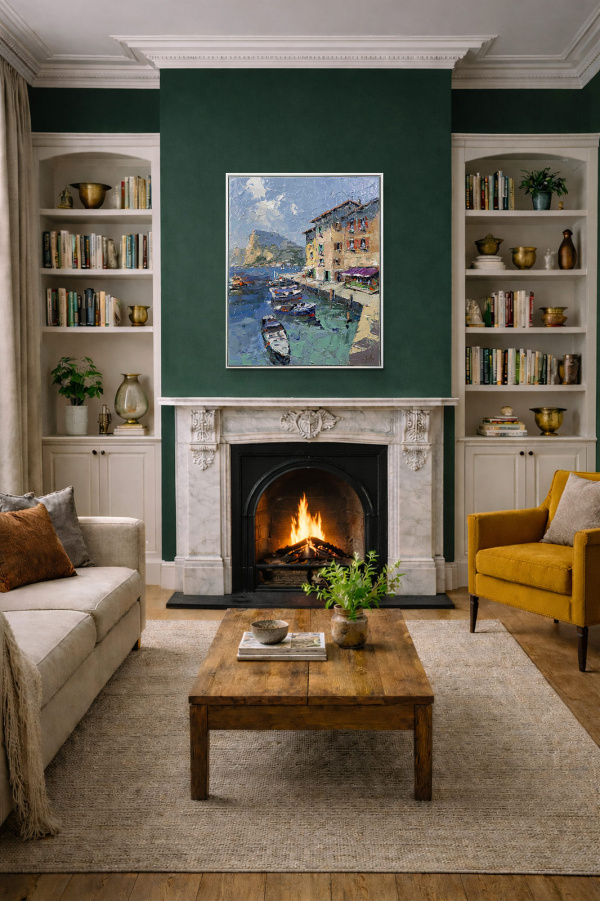 Southern Harbour, Italy by Frank Getty, original painting, in room
