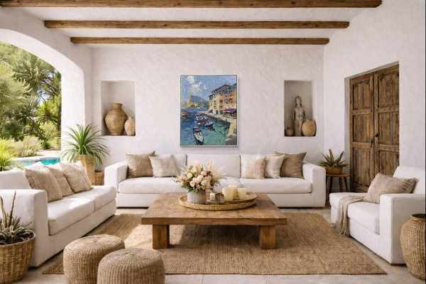 Southern Harbour, Italy by Frank Getty, original painting, in room