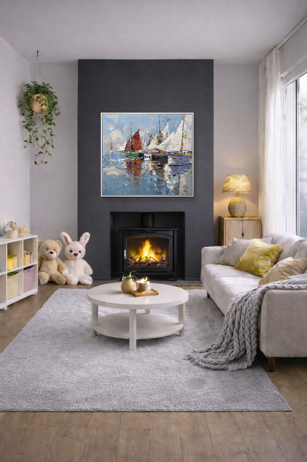 Quayside Reflections by Frank Getty, original painting, in room