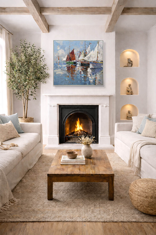 Quayside Reflections by Frank Getty, original painting, in room