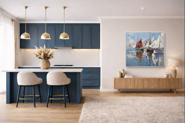 Quayside Reflections by Frank Getty, original painting, in room