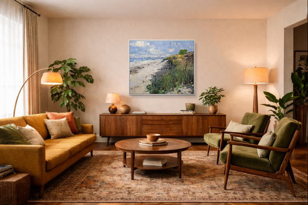 Beachside Walk by Frank Getty, original painting, in room
