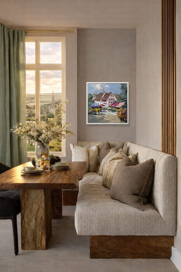 Pink Awnings by Frank Getty, original painting, in room