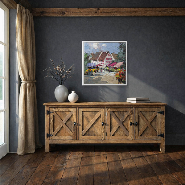 Pink Awnings by Frank Getty, original painting, in room