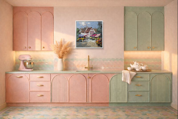 Pink Awnings by Frank Getty, original painting, in room