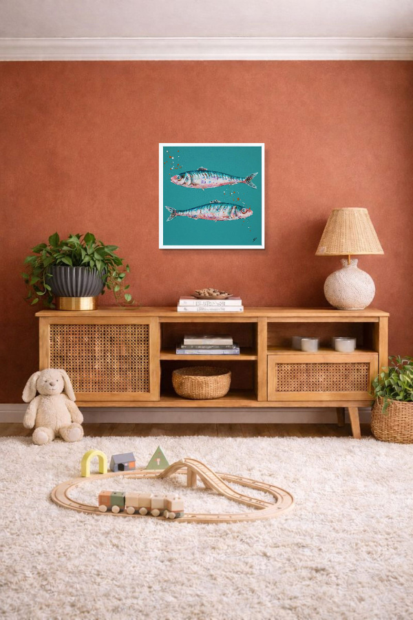 Sardines IV (Original) by Giles Ward, original painting, in room