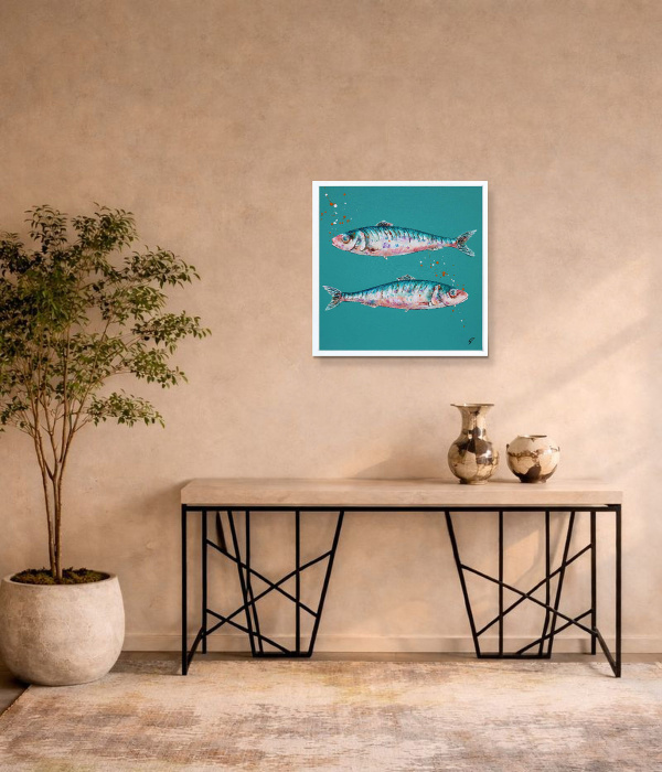 Sardines IV (Original) by Giles Ward, original painting, in room