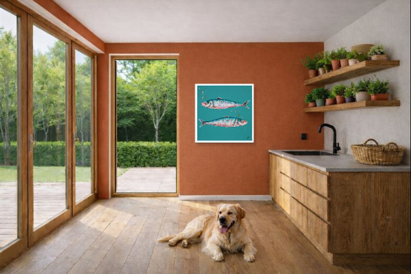 Sardines IV (Original) by Giles Ward, original painting, in room