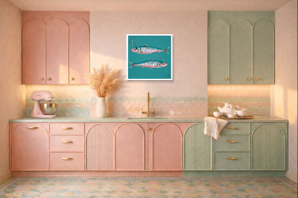 Sardines IV (Original) by Giles Ward, original painting, in room