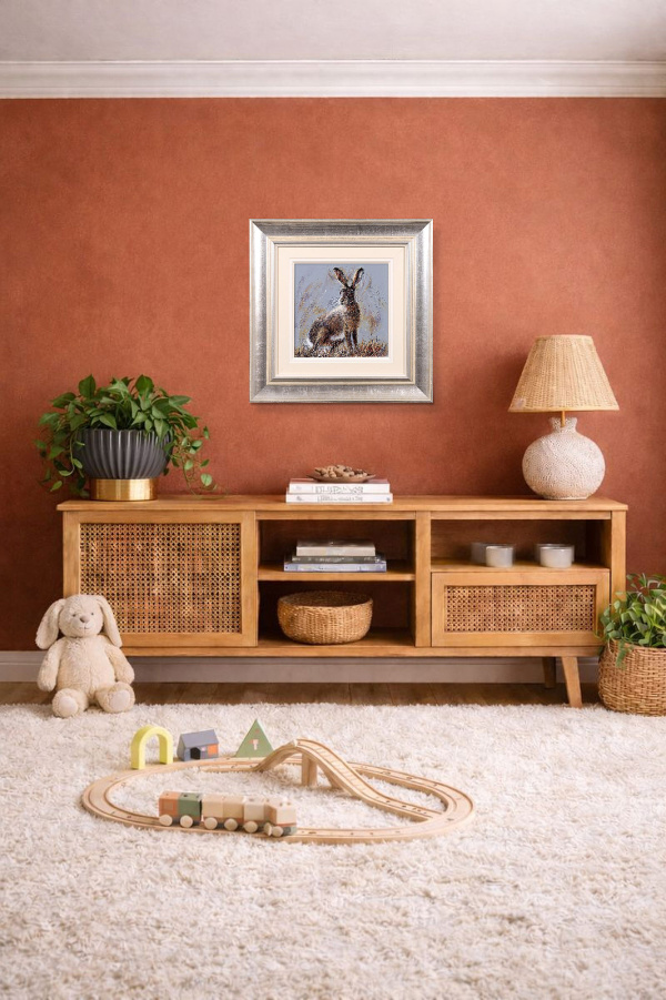 Alert Hare by Ruby Keller, original painting, in room