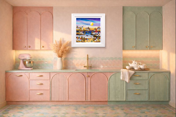 Sandy Toes, Zero Plans by Rozanne Bell, original painting, in room