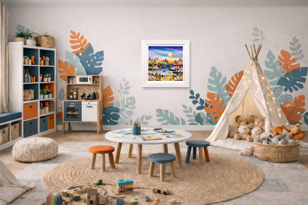 Sandy Toes, Zero Plans by Rozanne Bell, original painting, in room