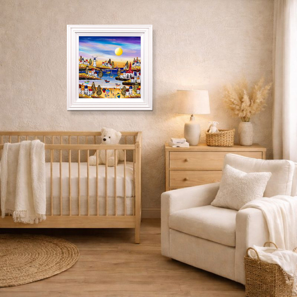 Sandy Toes, Zero Plans by Rozanne Bell, original painting, in room