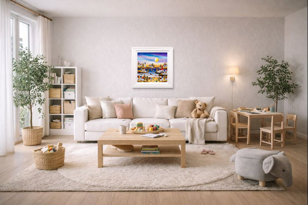 Sandy Toes, Zero Plans by Rozanne Bell, original painting, in room