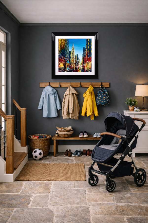 Rush Hour Reverie, NYC by Simon Wright, original painting, in room