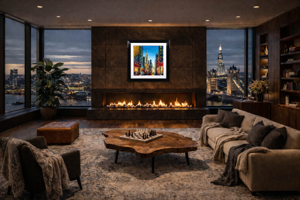 Rush Hour Reverie, NYC by Simon Wright, original painting, in room
